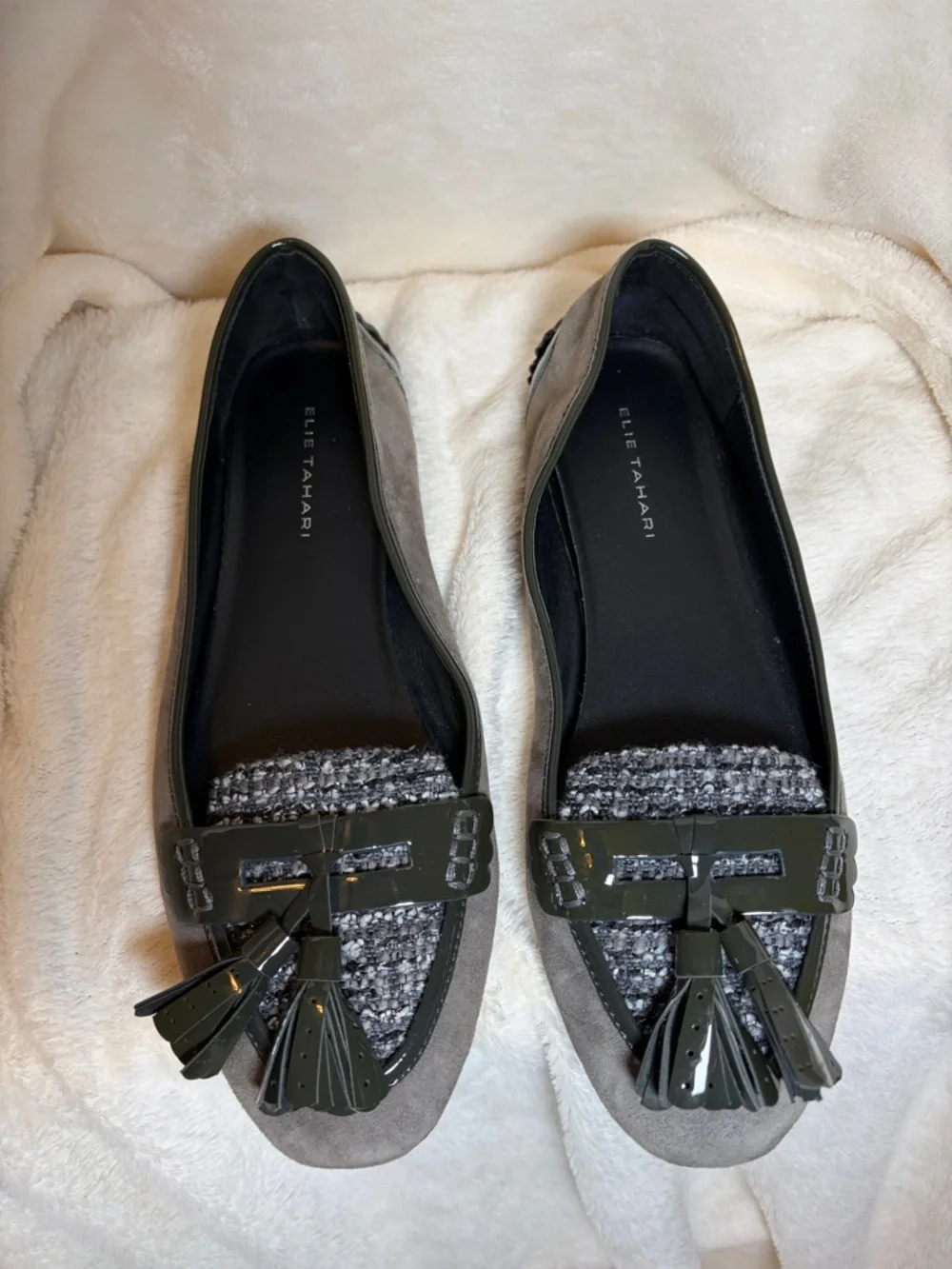 Elie Tahari Gray Suede Loafers with Tweed and Patent‎ Tassels